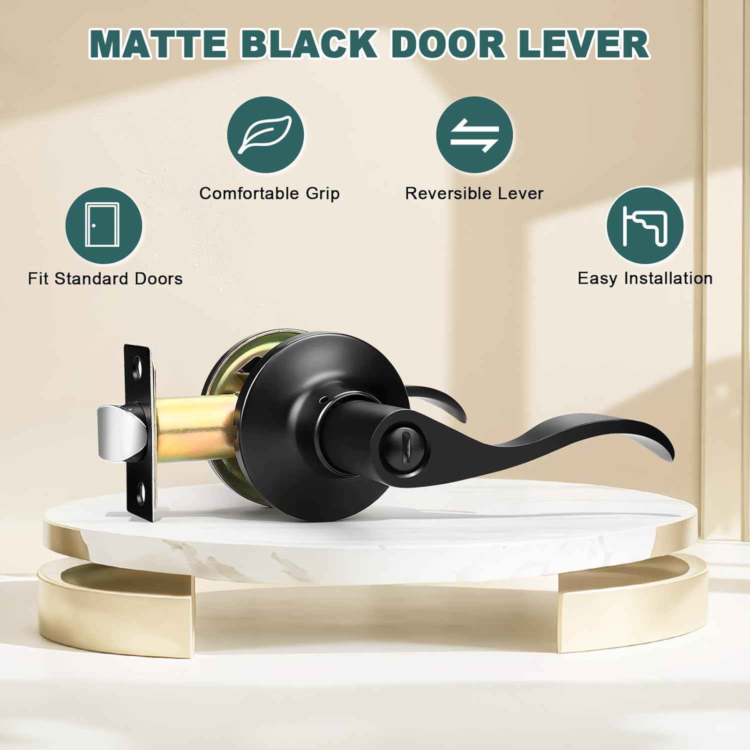 Black Privacy Door Levers - 6 Pack Keyless Modern Wave Handles for Bedrooms