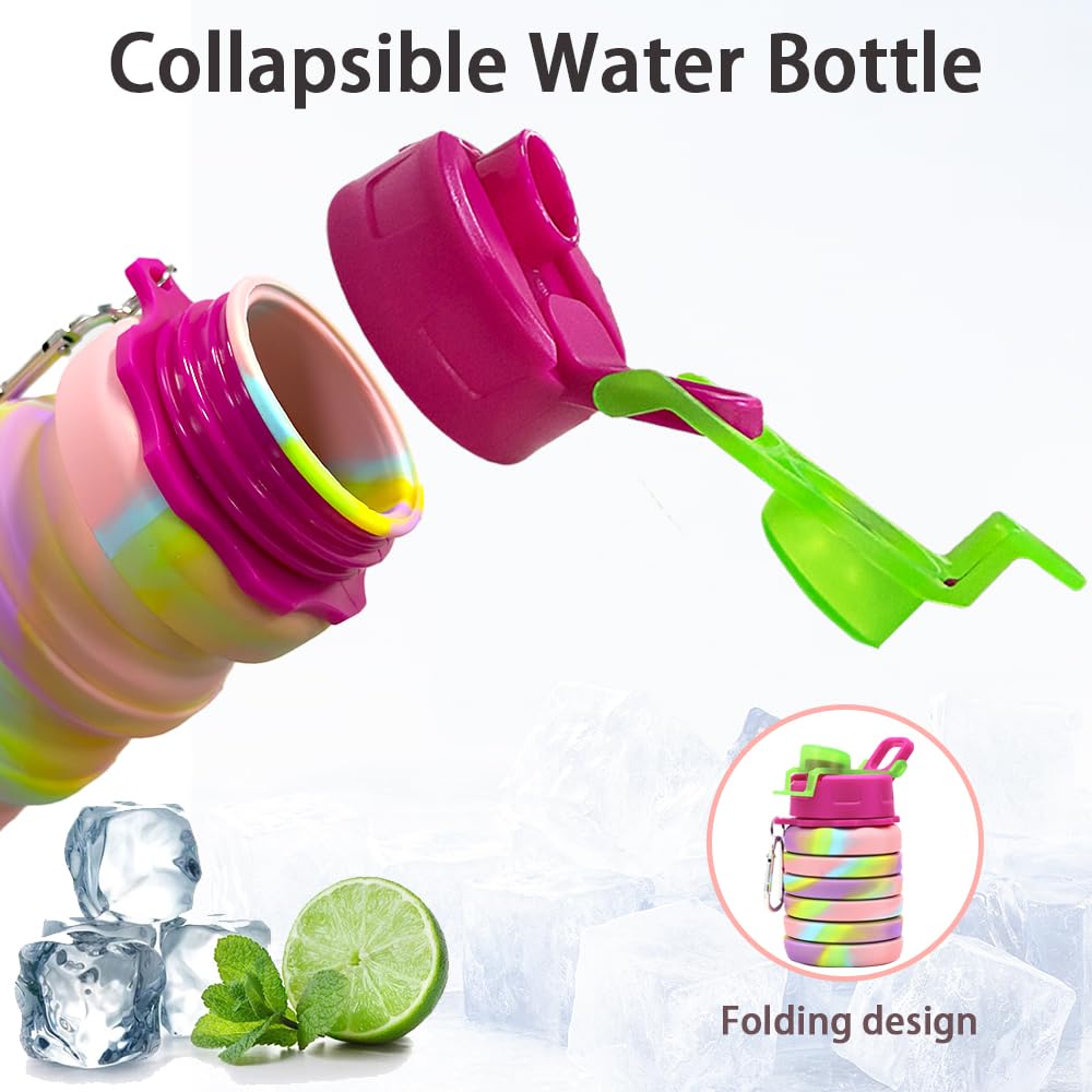 WATMHHJQ Silicone Collapsible Water Bottles, 16oz 500ml Portable Foldable Expandable Water Bottle Sports Cups, Leak Proof Reusable BPA Free, for Outdoor Activities Travel(Pink-B)