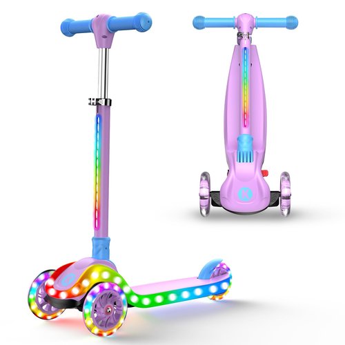 Kidscoter 3 Wheel with Light Patterns, Adjustable Height Foldable Scooter for Boys Girls Ages 3-12, Light-Up Handlebars & Deck, 130lbs Weight Limit, Gift for Toddlers, Pink/Blue/Purple (Purple-Light)