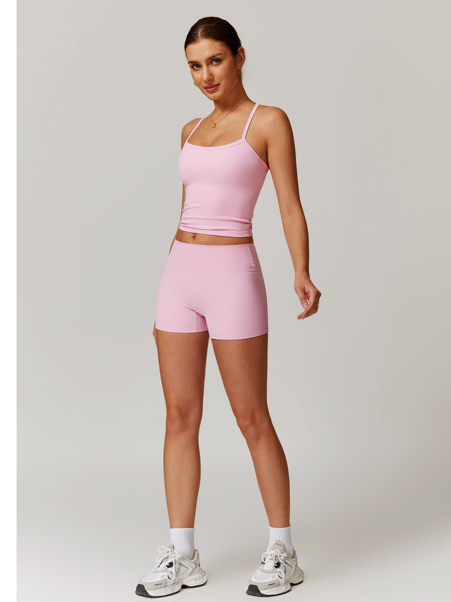 ABOCIW Workout Sets for Women Padded Sports Bra Tank Tops High Waist Booty Shorts Gym Yoga Active Wear Outfits Power Pink Medium