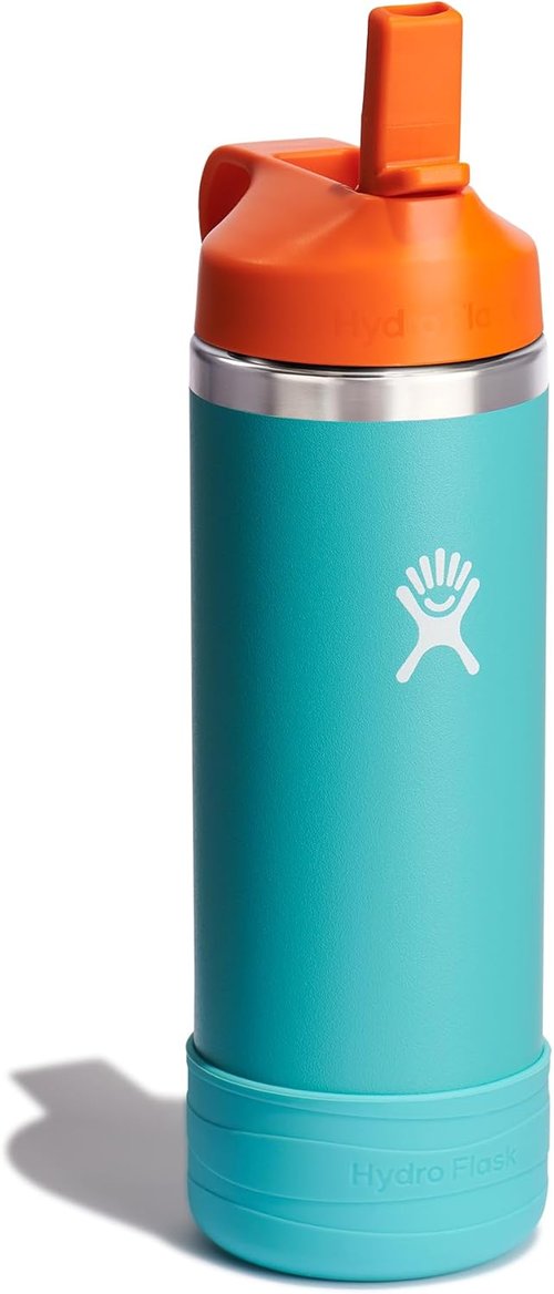 Hydro Flask Kids Water Bottle - Insulated Stainless Steel with Straw Cap - 18 Oz Seaspray Blue