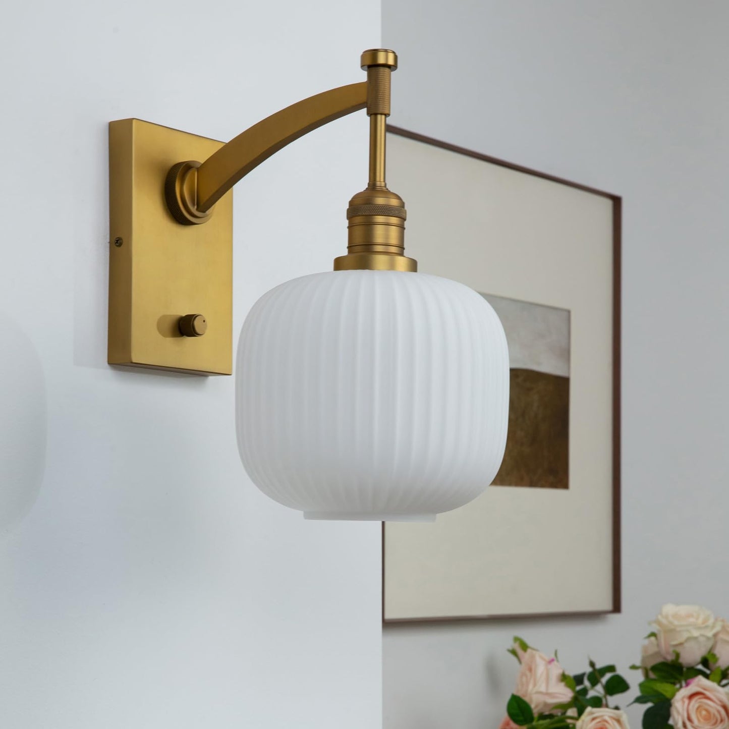 Pathson Milk White Glass Wall Sconce with Switch, Hardwired Wall Vanity Light, Mid-Century Vintage Wall Lamp Fixture or Living Room Farmhouse Bathroom Bedside Lighting