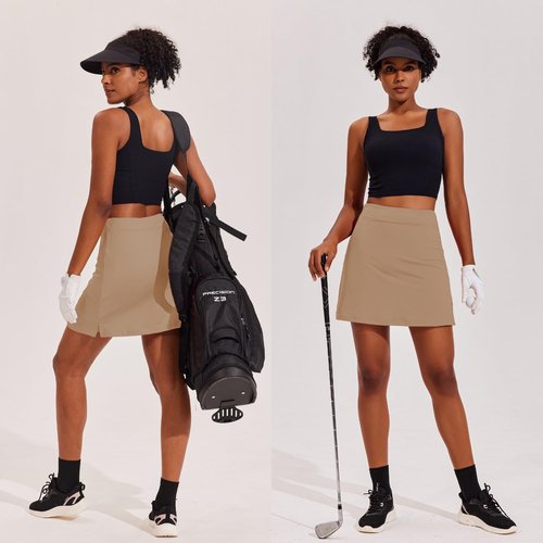Ekouaer High Waisted Skort for Women 16 Inch Silicone Grippers Golf Skirts for Woman Workout Skirt Tennis Skirt,Khaki Medium