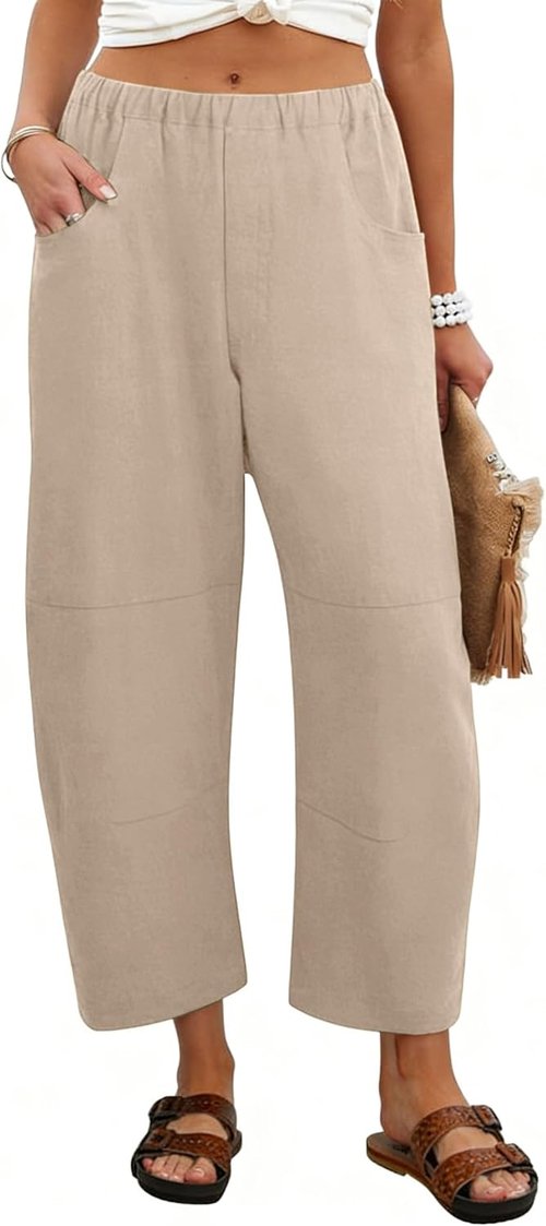Lviefent Women's Wide Leg Barrel Pants - Casual Linen Cropped Trousers with Pockets