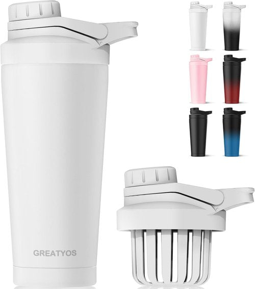 Greatyos Stainless Steel Shaker Bottle - Noise-Free 24 oz Insulated Cup for Protein Mixes | 100% Leak Proof (White)