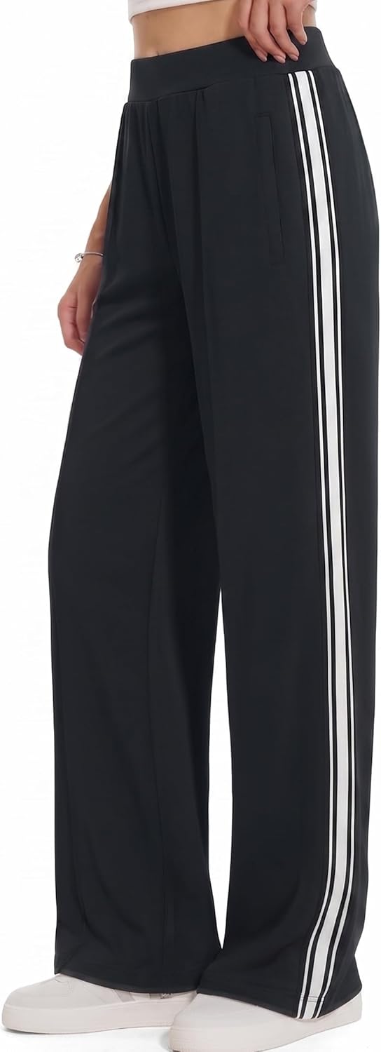 BISUAL Women's Wide Leg Track Pants - High Waisted Cotton Stretch Sweatpants with Contrast Stripes