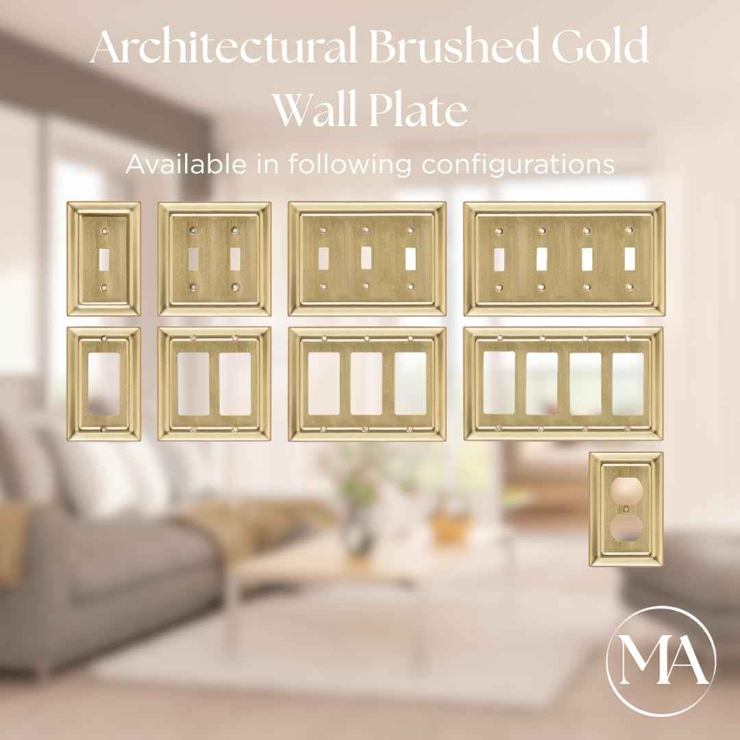 Monarch Abode 1-Gang Toggle Wall Plate, Architectural Metal Single Switch Wall Plate, Decorative Light Switch Cover Plate for Electrical Outlet, Brushed Gold, Pack of 2