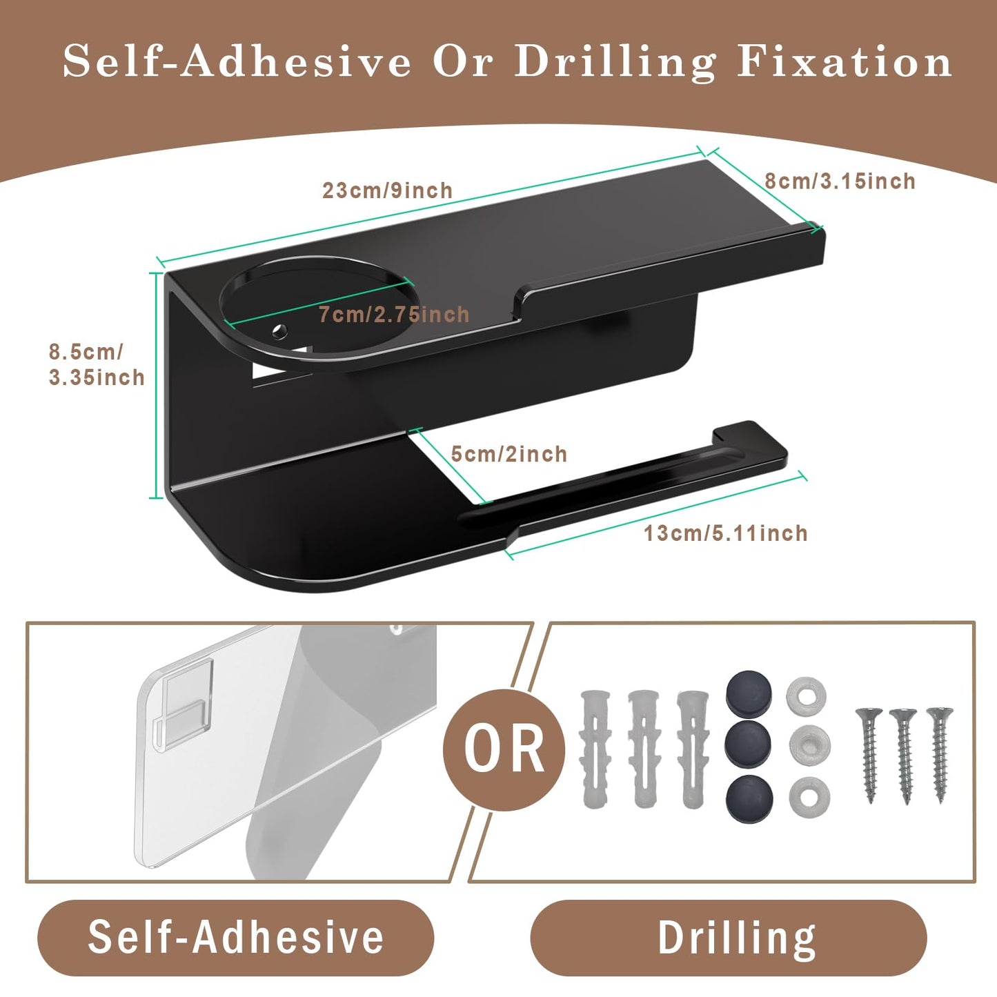 Toilet Paper Holder Wall Mount - Strong Adhesive or Screw Mount Bathroom Toilet Paper Holder with Shelf- SUS304 Stainless Steel Tissue Roll Storage - Holds Phone, Reed Diffuser(Matte Black)