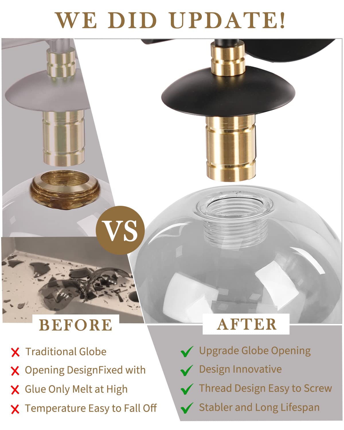 LMS Black Vanity Light, 3-Light Bathroom Light Fixtures 20.5 Inch, Black and Brass Gold Finish with Globe Glass Shade, LMS-117
