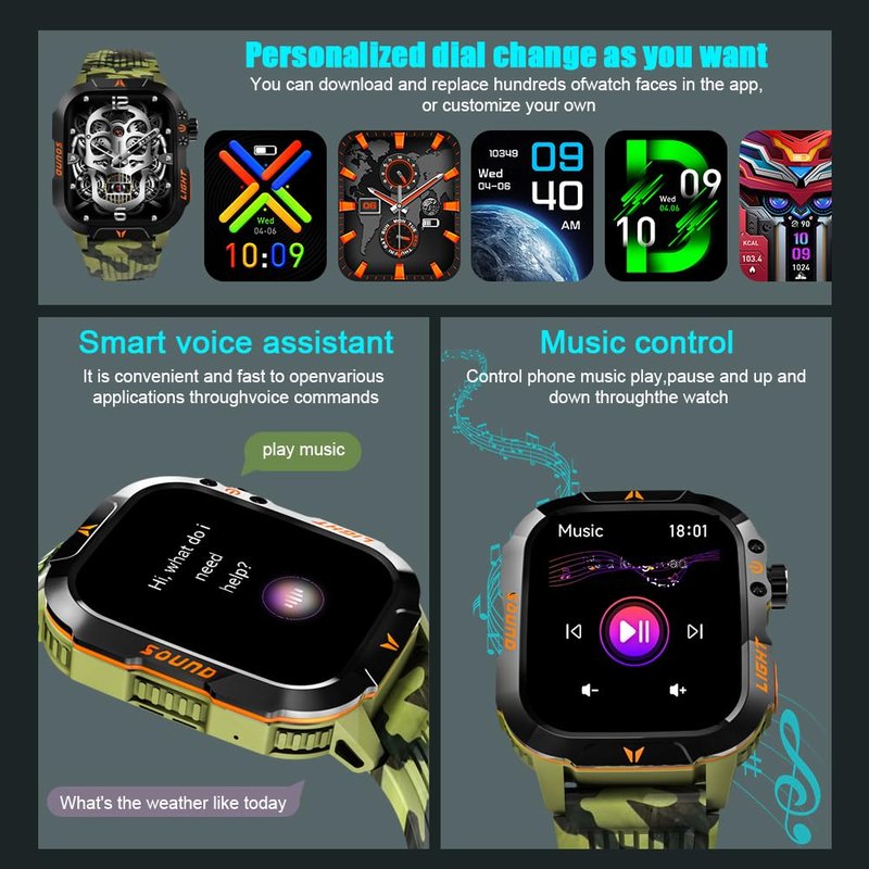 QTLLBT Men's Military Smart Watch HD Compass Altimeter Barometer Fitness Tracker Sports Watch Pedometer Mountaineering Watch Sleep Monitoring Function Men's and Women's Watches