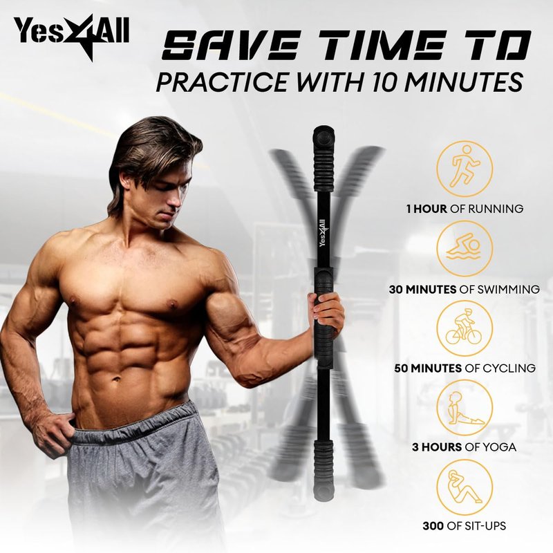Yes4All Flex Bar, Elastic Fitness Bars with Strong Fiberglass & TPE Material, 2in1 Functional Exercise Bar, 9.5 inch Comfortable Grip, High Frequency Vibration Training, Build Muscles & Burn Fat
