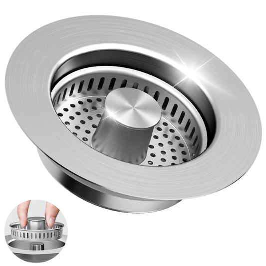 3 in 1 Kitchen Sink Drain Strainer & Sink Stopper, 304 Stainless Steel Pop Up Sink Drain Stopper with Anti-Clogging Basket for US Standard (Silver)