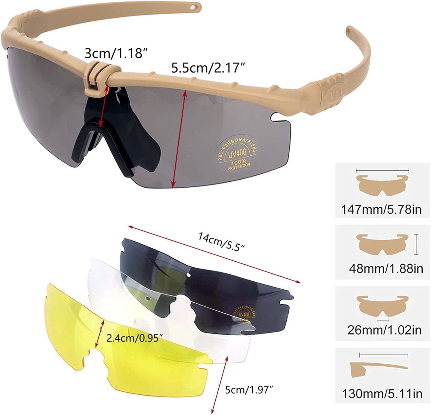 FOCUHUNTER Tactical Glasses, Shooting Safety Glasses, Anti Fog UV400 Protection Sunglasses with 3 Interchangeable Lens