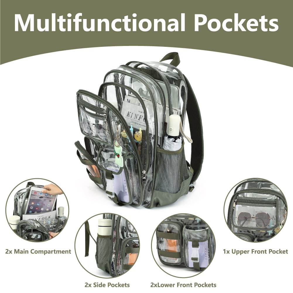 Lroiutian Clear Backpack for School Girls Boys Heavy Duty Transparent Backpack with Multiple Pockets, Lightweight PVC See Through Bookbag for Students-Army Green