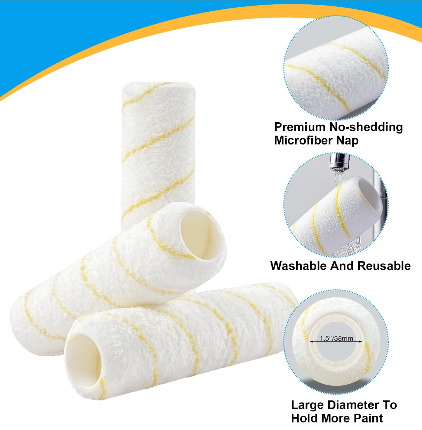 King Origin 9 Inch Microfiber Paint Roller Covers, 1/2" Nap, 3-Pack Paint Rollers for Wall & Ceiling Painting, Professional & Home Use