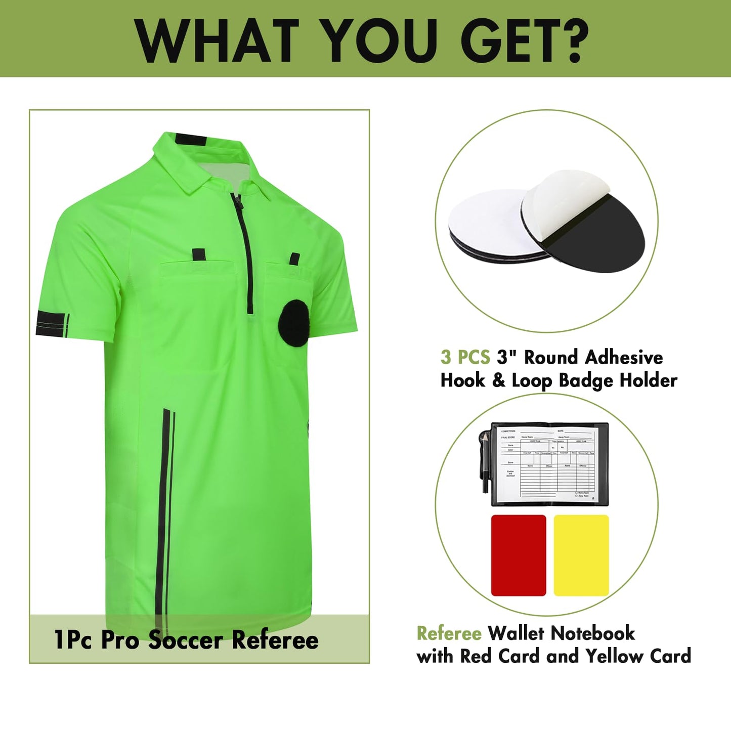Pro Soccer Referee Shirt Jersey Kit Ref Costume for Men Womens Umpire Uniform Ref Wallet with Red Yellow Card Green