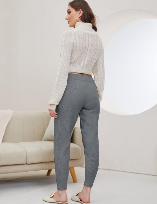 Gihuo Women' s Cable Knit Sweater Pants Long Knit Harem Pants Joggers Drawstring Elastic Waist Stretchy Knit Pants(Grey-Medium)