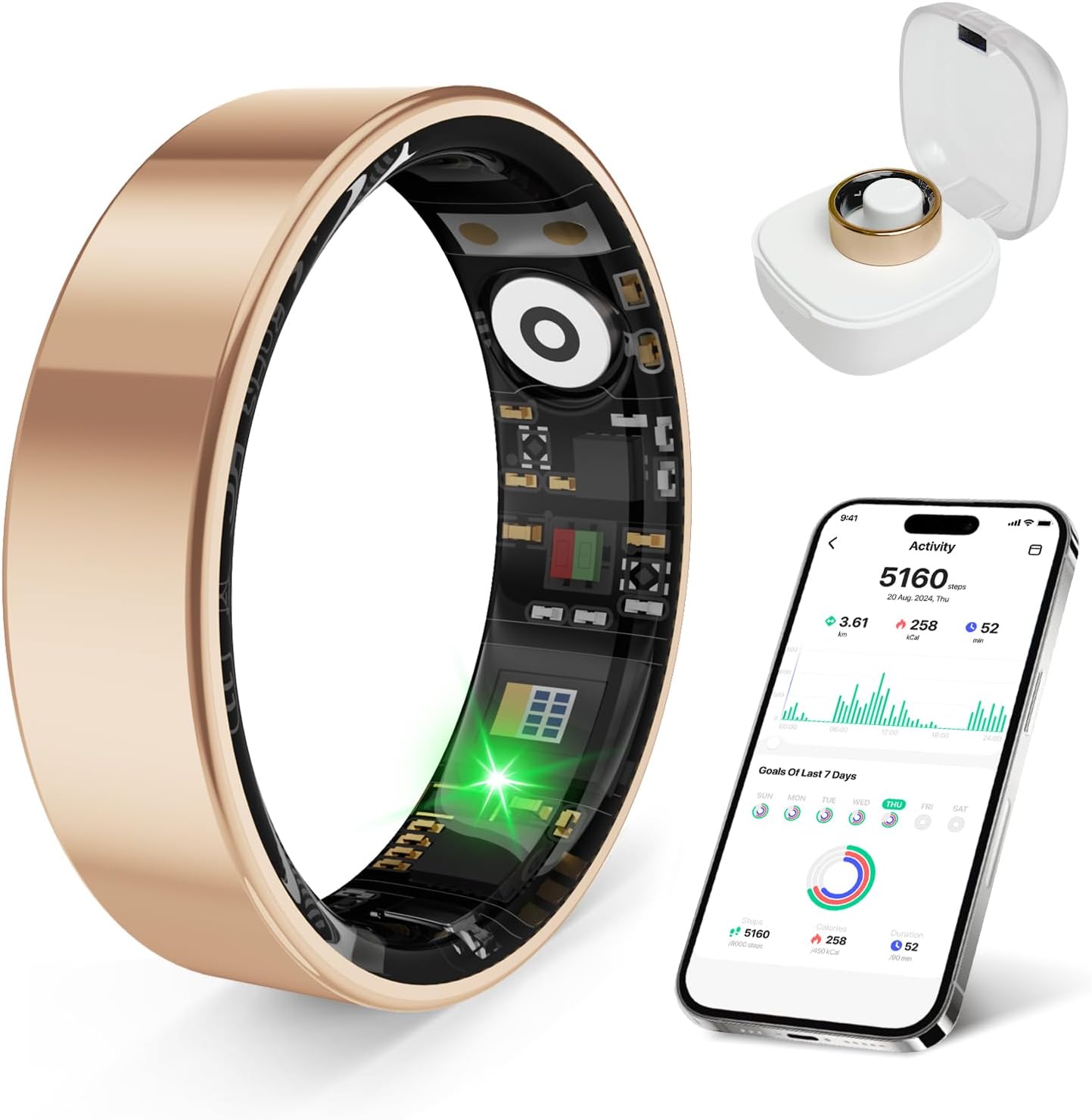Smart Health Ring - Waterproof Fitness Tracker for Stress & Sleep Monitoring | Compatible with iOS & Android (Rose Gold, Size 7)