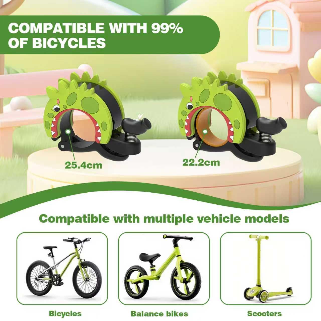 Bike Bell for Kids Dinosaur,110dB Loud, Fits 22.2-25.4mm Handlebars, Mountain/Road Bike & Scooter Safety for Boys Girls,Green-1Pack.