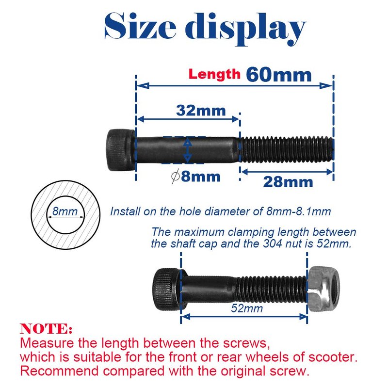 Pro Scooter Axle M8 8mm X 28mm-130mm Multiple Size 12.9 Grade Carbon Steel for Front Rear Wheel Freestyle Scooter Grinds
