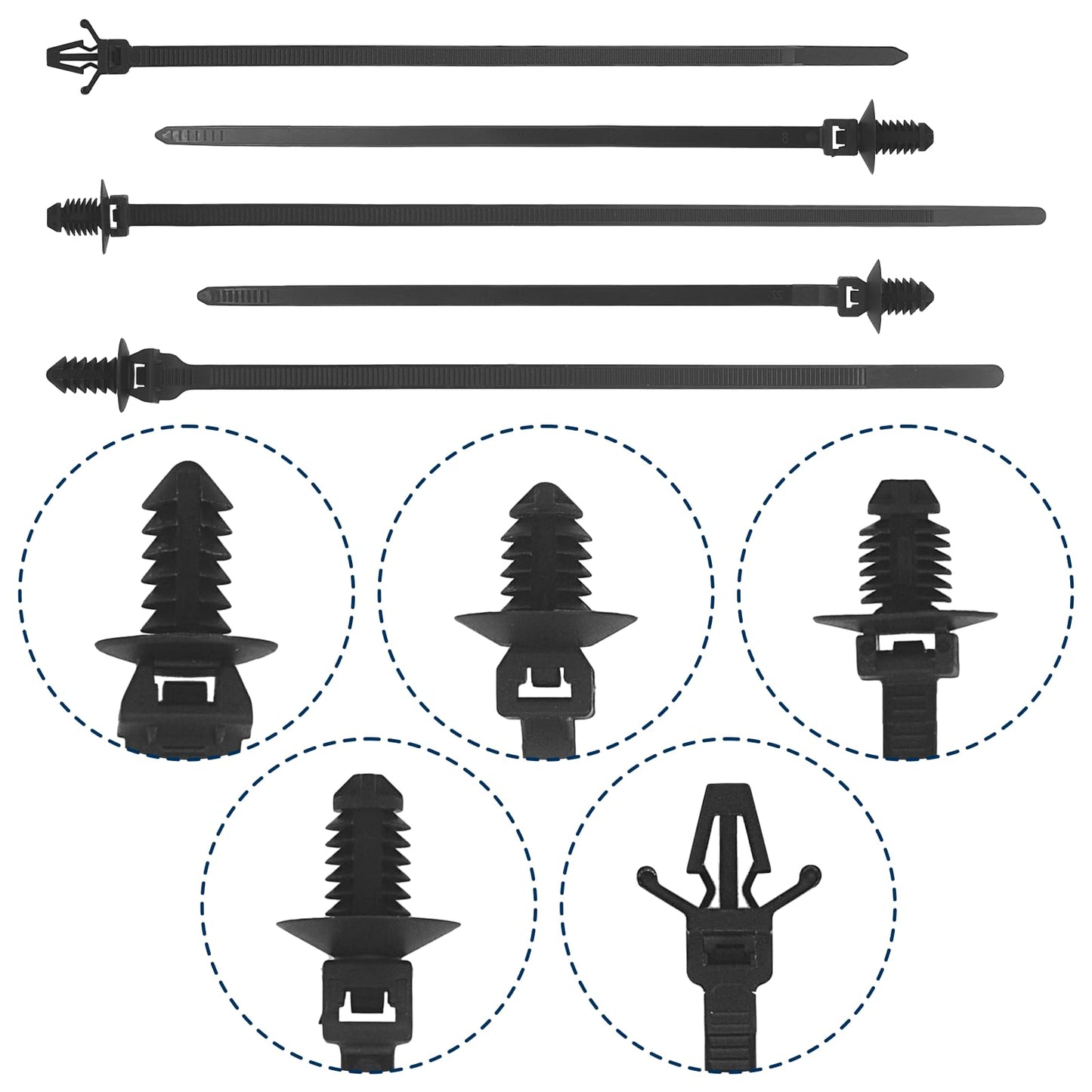 LOUZAGO 50 Pcs Push Mount Cable Ties, Nylon Push Mount Zip Ties Self Locking Wire Harness Clips, Heavy Duty Automotive Wire Clips Snap in Cable Zip Ties Fastener Car Mount Wire Ties (5-Types)