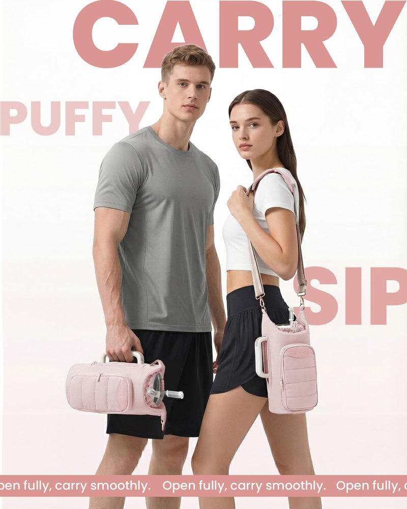 sportsnew Water Bottle Holder for 30oz/40oz Tumbler with Handle, Puffy Water Bottle Carrier Bag with Phone & RFID-Blocking Card Pocket & Drawstring Closure for Quick Access, Light Pink