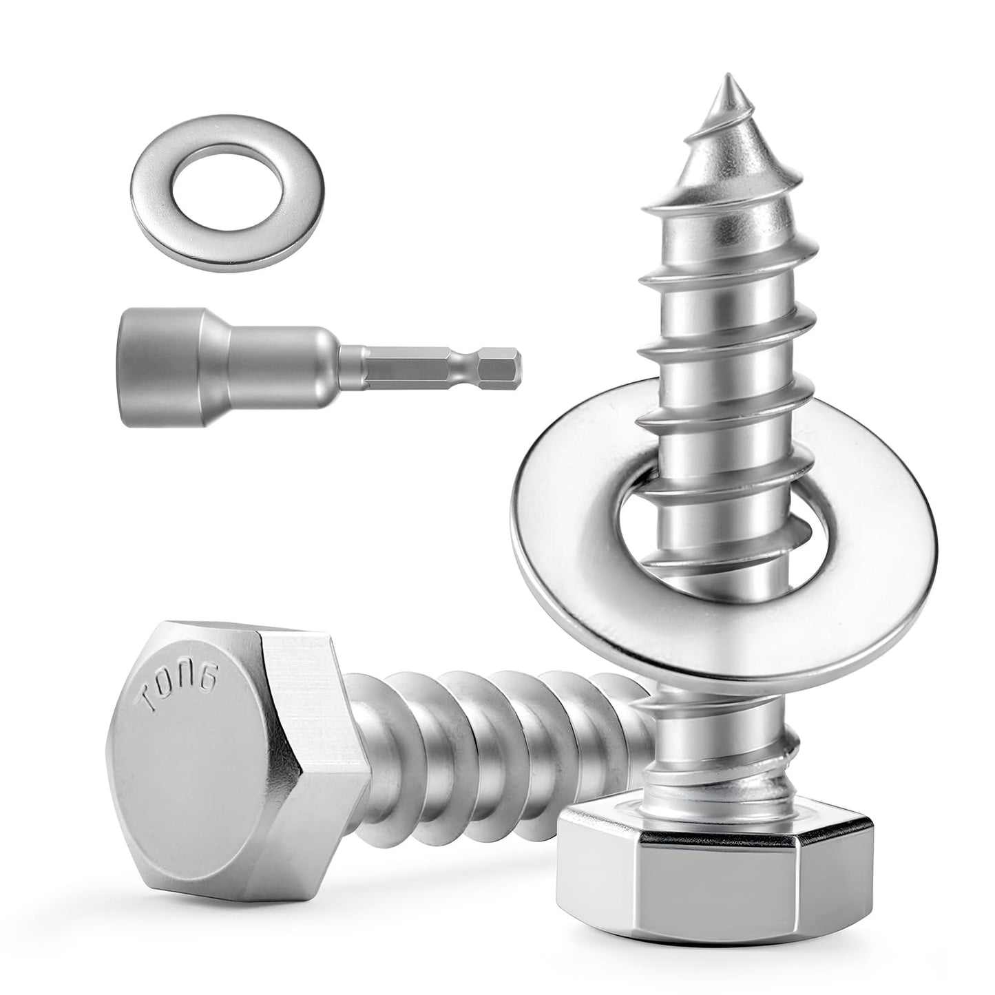 BNUOK 28 Sets 1/4" x 1-1/2" Hex Head Lag Screws Bolts with Flat Washers 304 Stainless Steel 18-8 Heavy Duty Lag Screw for Wood, Driver Bit Included