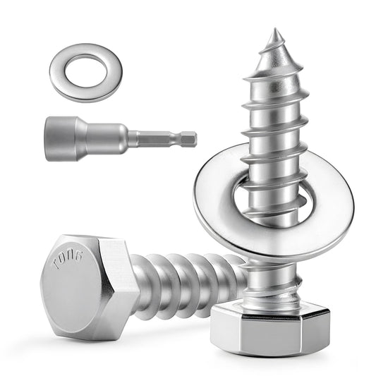 BNUOK 28 Sets 1/4" x 1-1/2" Hex Head Lag Screws Bolts with Flat Washers 304 Stainless Steel 18-8 Heavy Duty Lag Screw for Wood, Driver Bit Included