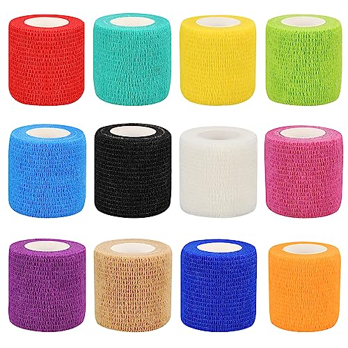 12 Pack Self Adhesive Bandage Wraps - 2 Inch, 5 Yards, Multicolor