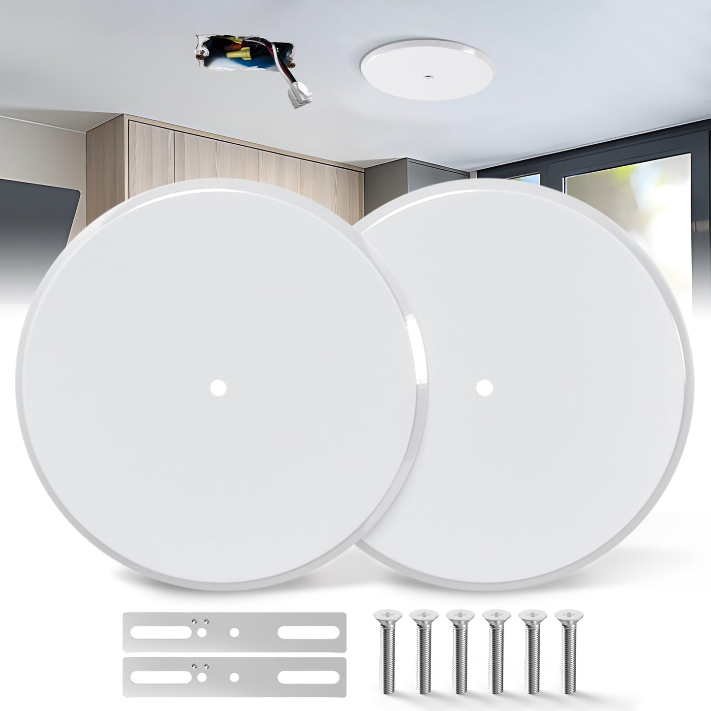 Ceiling Cover Plate,5 Inch Metal Blank Wall Plate Fits 3-1/4" to 4" Round/Octagon Electrical Box Holes,Smoke Detector Cover Plate With Center Screws, Hole Spacing 1.75" to 3.5" (White-2 Pcs)