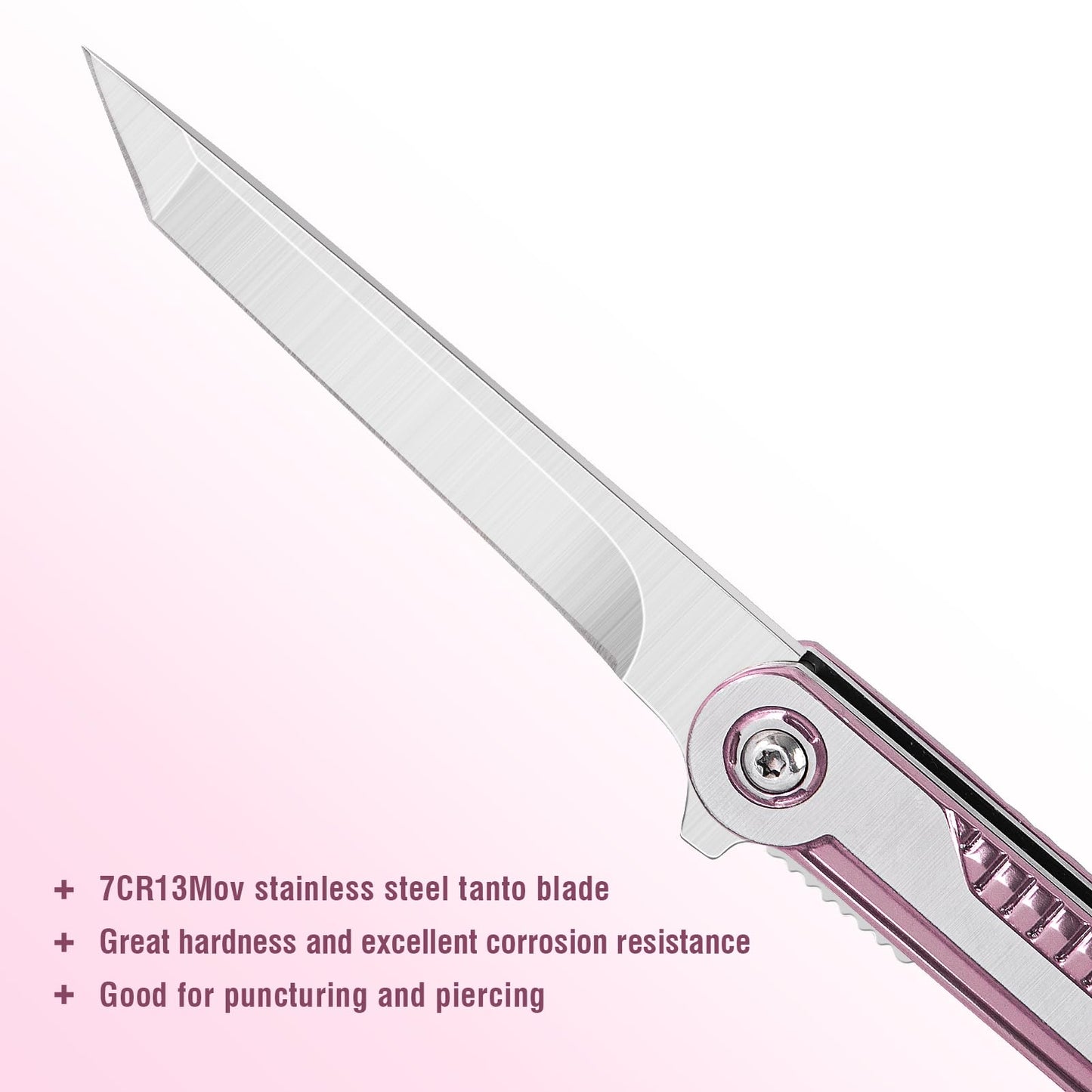 FUNBRO Pink Pocket Knife for Women - Slim EDC Knife with 7CR13Mov Steel Tanto Blade, Clip and Glass Breaker - Womens Knife for Self Defense - Cute Girl Survival Tool Pocket & Folding Knives