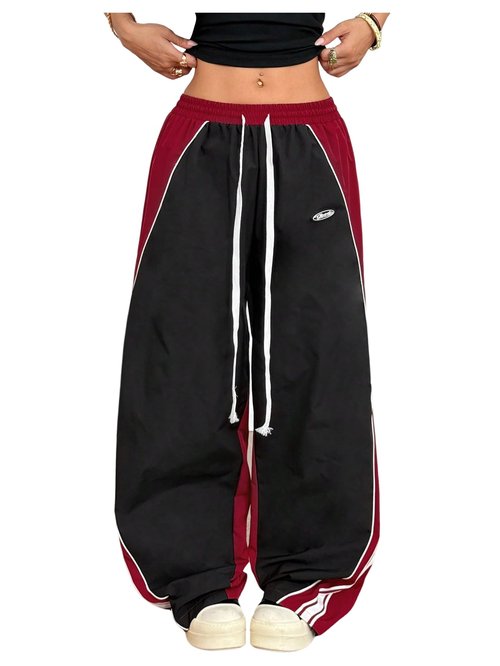 GORGLITTER Women's Baggy Track Pants Y2K Color Block Drawstring Barrel Parachute Pants High Waisted Streetwear Pant Black and Red Small