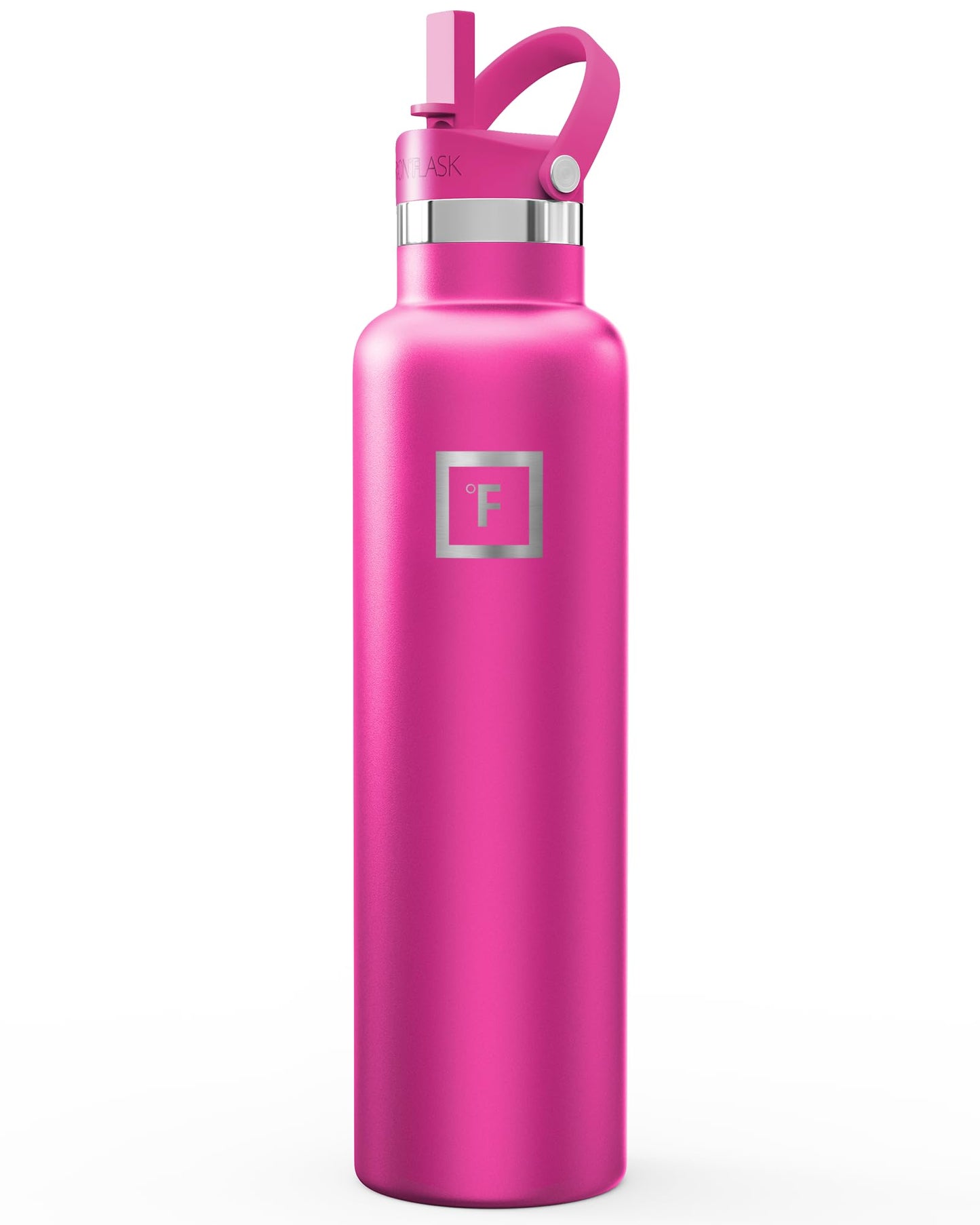 IRON °FLASK Camping & Hiking Hydration Flask with Straw, Narrow Mouth Insulated Stainless Steel Sports Water Bottle - Pink Tulip 24 oz - Straw (1 Lid)