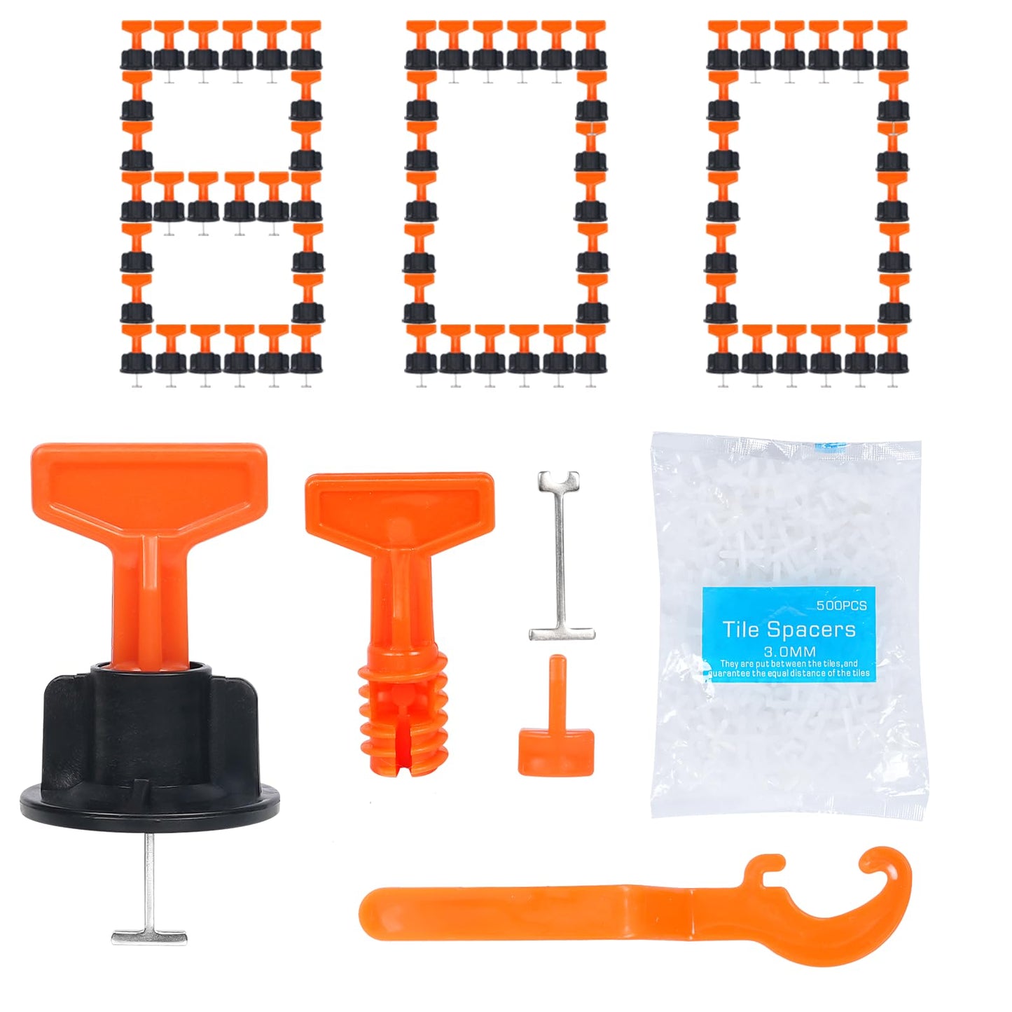 800pcs Tile Leveler Spacers and 4000PCS 3mm Tile Spacer, Reusable Tile Leveling System 1/16 Kit with 16pcs Special Wrench and 100pcs Steel Pins for Wall/Floor Tile Installation (800, 1/8)