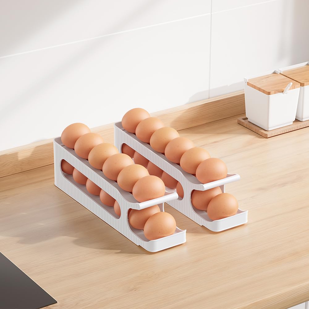 Egg Holder for Fridge, 2 Tiers Auto Rolling Egg Storage Organizer for Refrigerator, Slim Space Saving Container, Dispenser - Egg Roller for Eggs 12 Count