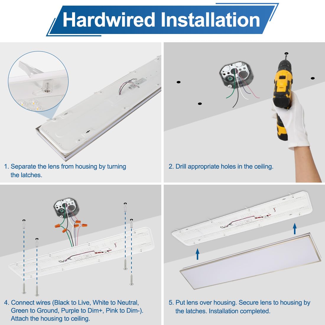 DAKASON 4FT Rectangle LED Flush Mount Ceiling Light for Kitchen/Laundry, 48W Wraparound 3/4/5000K Selectable, Hardwired 4’ Linear Lights Fluorescent Tube Replacement, Dimmable 1Pack