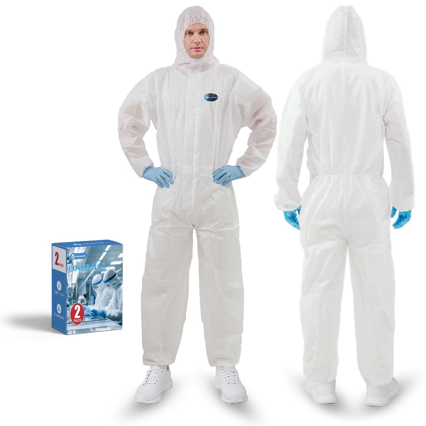 2 Pack Vicogard Hazmat Suits, SMS Breathable Disposable Coveralls, Front Zipper Elastic Waistband & Cuffs Ankles, Painters Suit for Men & Women with Hood for Hospitals, Laboratories, Medical