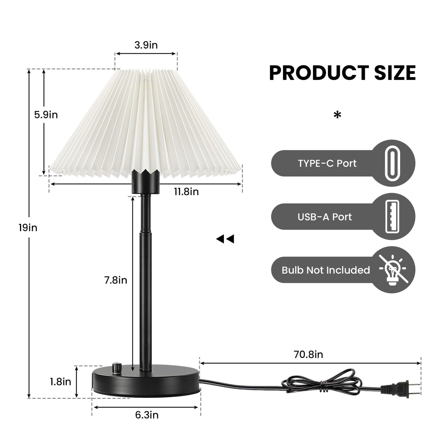 RUIYEY Bedside Table Lamp Set of 2: Dimmable Nightstand Bedside Lamps with USB A and C Ports, Modern Metal and Pleated Fabric Shade Black Desk Lamp for Bedroom Living Room Home Office Reading