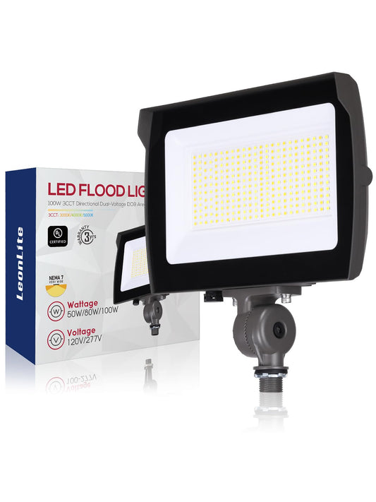 LEONLITE 100W/80W/50W Adjustable LED Flood Light Outdoor with Knuckle Mount, UL Listed, 5000K/4000K/3000K Selectable, 120/277V, Security Flood Lighting for Yard, Garage, IP65 Waterproof, Bronze
