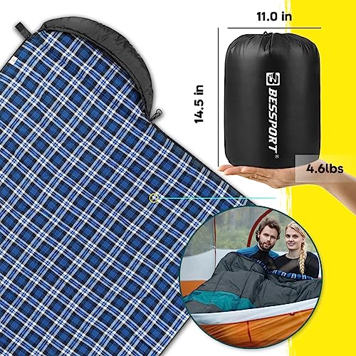Bessport Flannel-Lined Winter Sleeping Bag - Grey & Blue -5℃, 3-4 Season Lightweight Waterproof Camping Gear