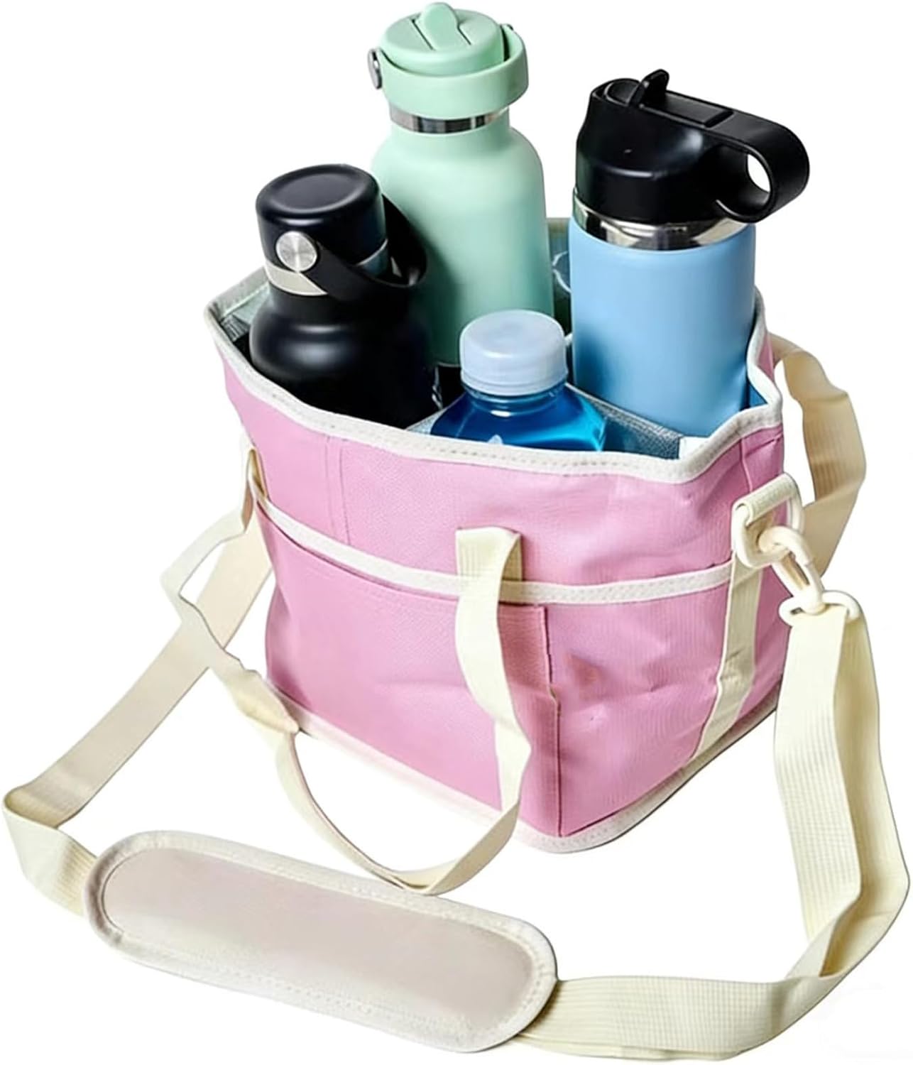 Skiennix 4 Compartment Drink Bag - Insulated Tumbler Carrier Caddy with Adjustable Strap | Pink