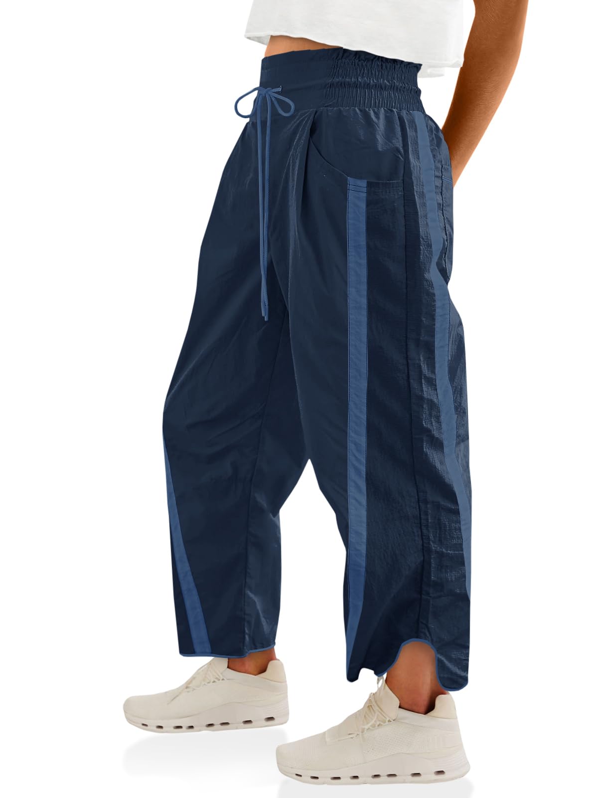 Fisoew Women's Baggy Wide Leg Pants Casual Drawstring Elastic Waisted Contrast Color Workout Y2K Track Pants Navy