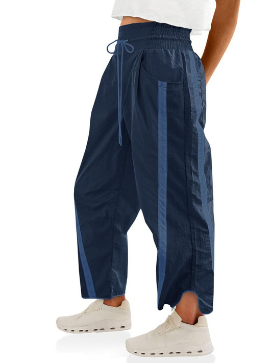 Fisoew Women's Baggy Wide Leg Pants Casual Drawstring Elastic Waisted Contrast Color Workout Y2K Track Pants Navy