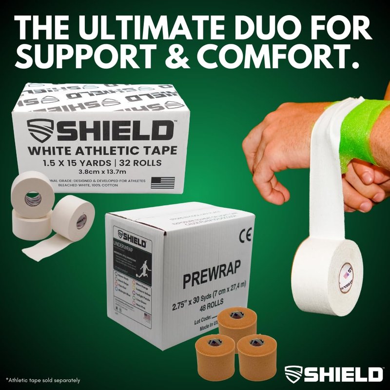 Shield Athletic Underwrap | Bulk Case of 48 Rolls of PreWrap, Hair Tie, Headband, USA Made, Pre-Wrap Athletic Tape, 2.75" X 30 SYards, Foam Barrier, Flexible, Breathable (Black)