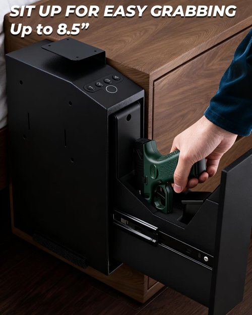 Biometric Pistol Gun Safe - Quick Access Auto Sliding Door | Fingerprint, PIN & Key Security Box - Ideal for Nightstand & Truck