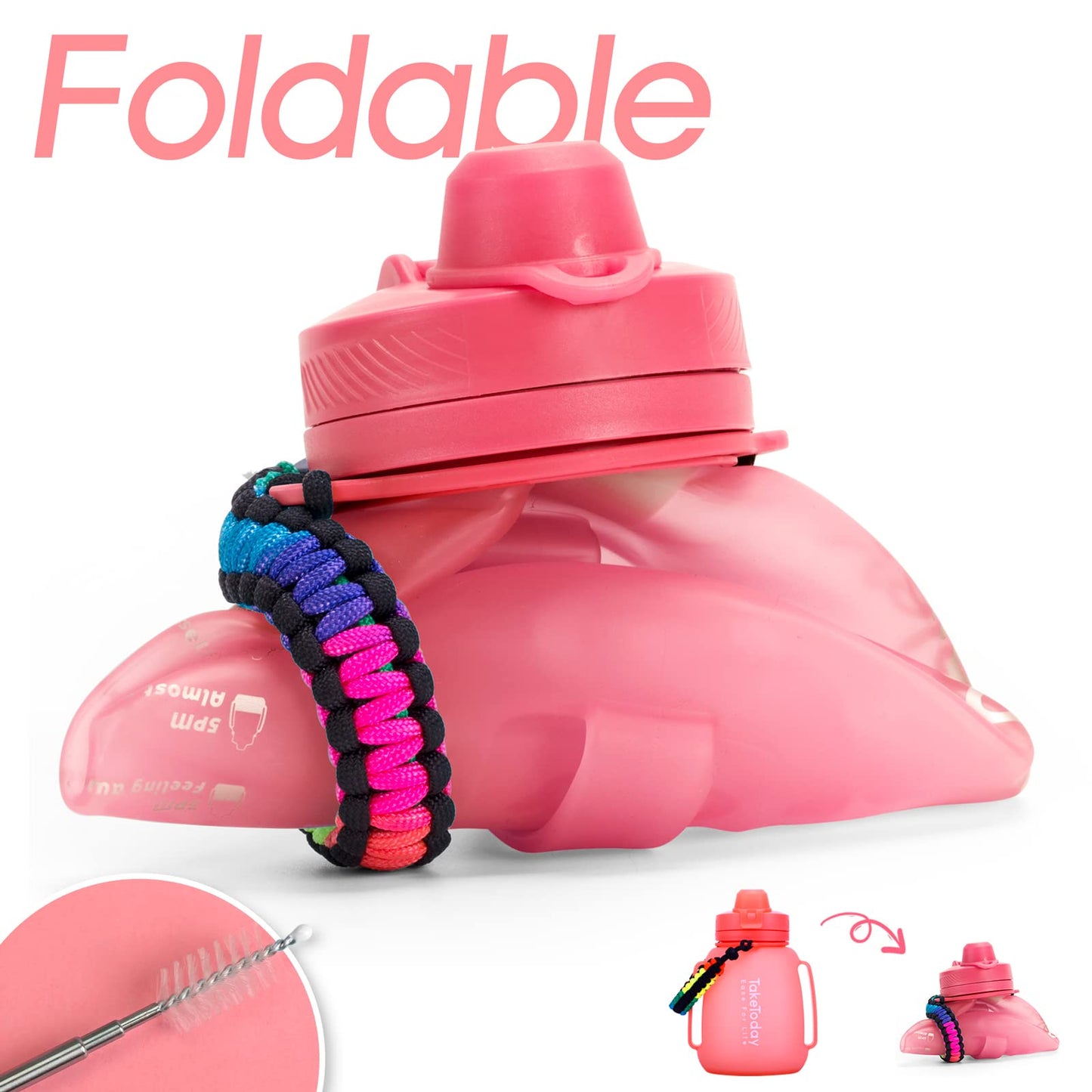 TakeToday 40 OZ Gallon Motivational Collapsible Water Bottles with Straw and Paracord Handle 1.2L Silicone Sports Water Bottle with Time Marker for Yoga Camping Outdoors