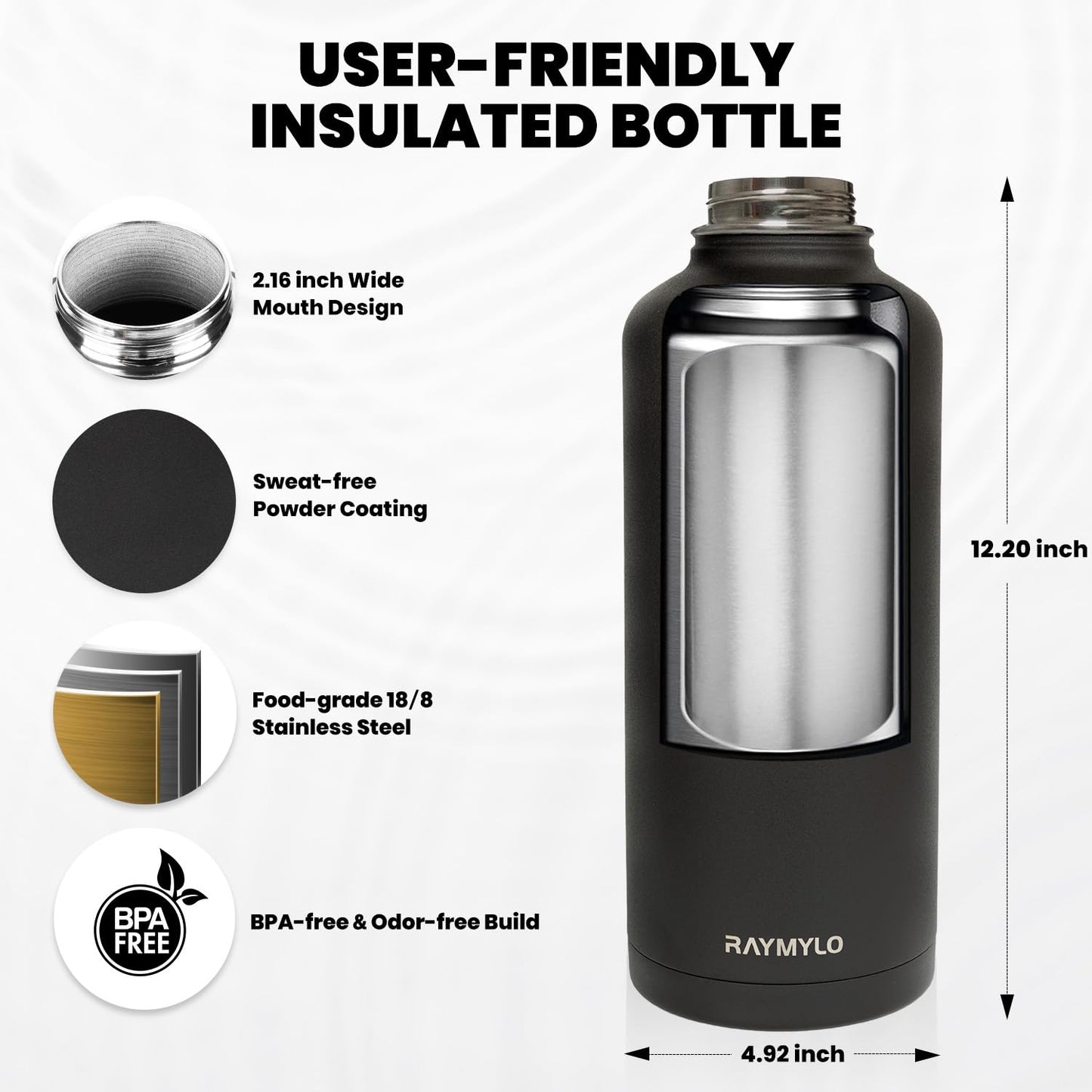 RAYMYLO Insulated Water Bottle 87 oz, Triple Wall Vacuum Stainless Steel