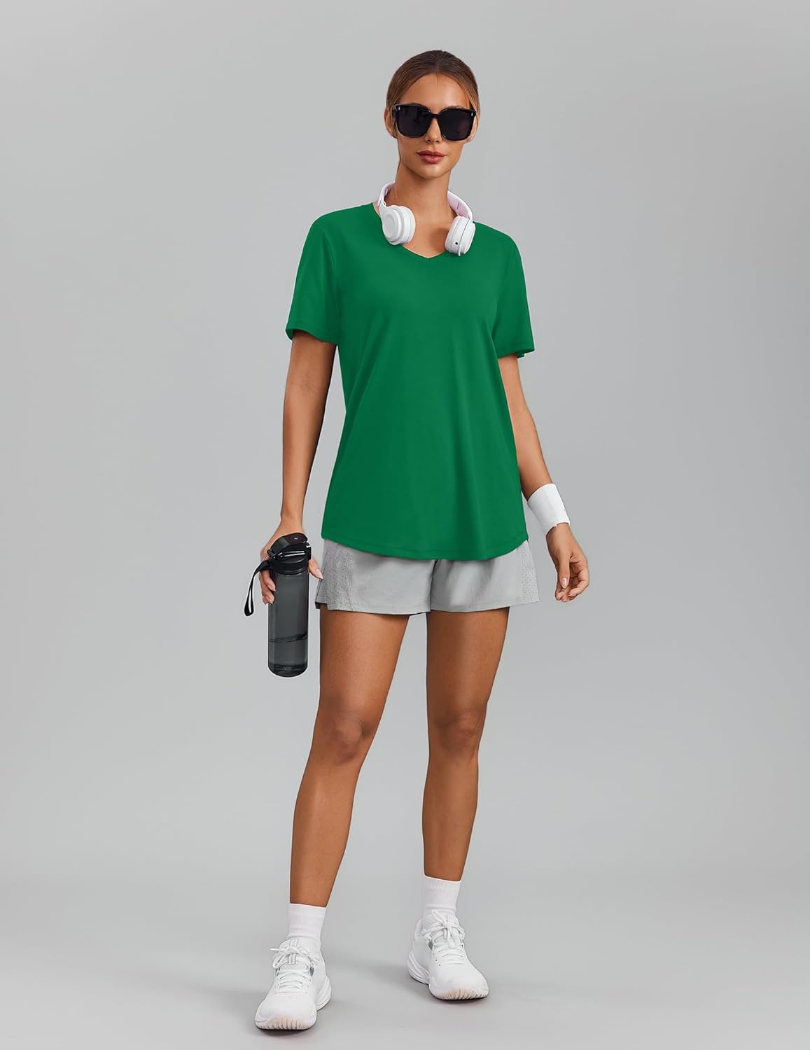 PINSPARK Women's Soft Workout Tops - Short Sleeve V-Neck, Moisture-Wicking, UPF 50+ Sun Protection, Quick Dry