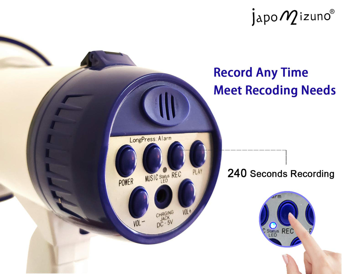 japomizuno 30W Rechargeable Megaphone Speaker - Portable Bullhorn with 240S Recording, USB MP3 Player, Siren & Foldable Handle - High Power PA System for Outdoor Event