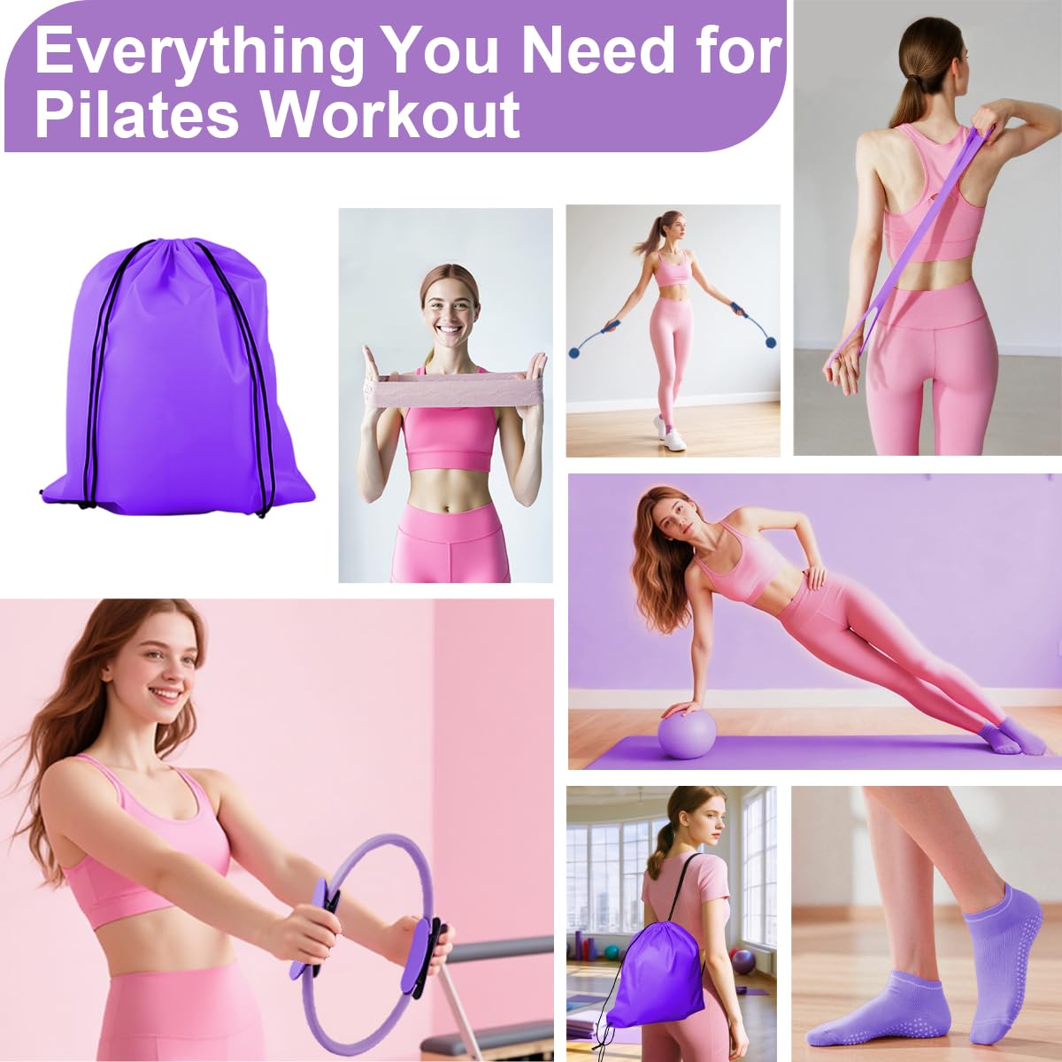 CoreHarmony Pilates Essentials Kit for Women, Home Pilates Kit with 12.9" Ring and 9.8" Mini Ball, 4 Fabric Loop Bands, Figure-8 Band, Stretch Strap, Jump Rope, Carry Bag (Purple Thread)